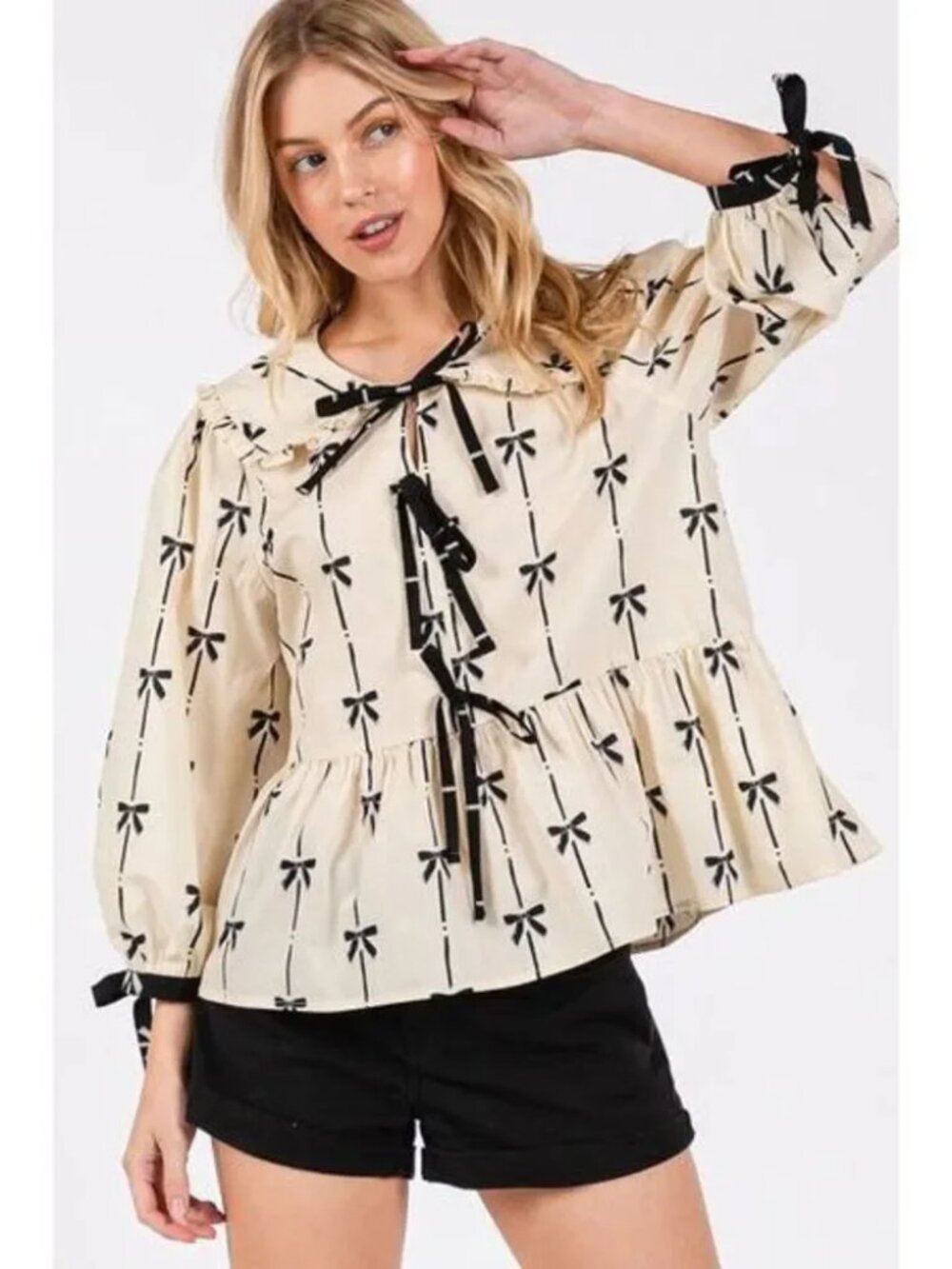 Sage + Fig The Moxie Bow Coquette Peplum Peter Pan Collar Top Size Large